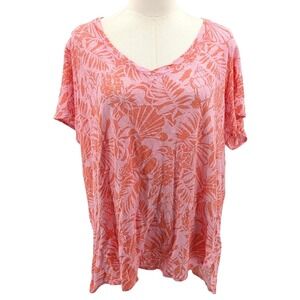Linen Tropical Print Tunic Top Pink Coral Plus Size 2X Vacation Resort Summer